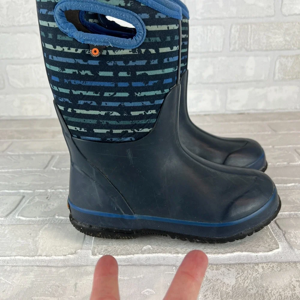 Bogs Rain Boots Youth 2 Blue Classic Stripe Waterproof Insulated Mid Calf Winter